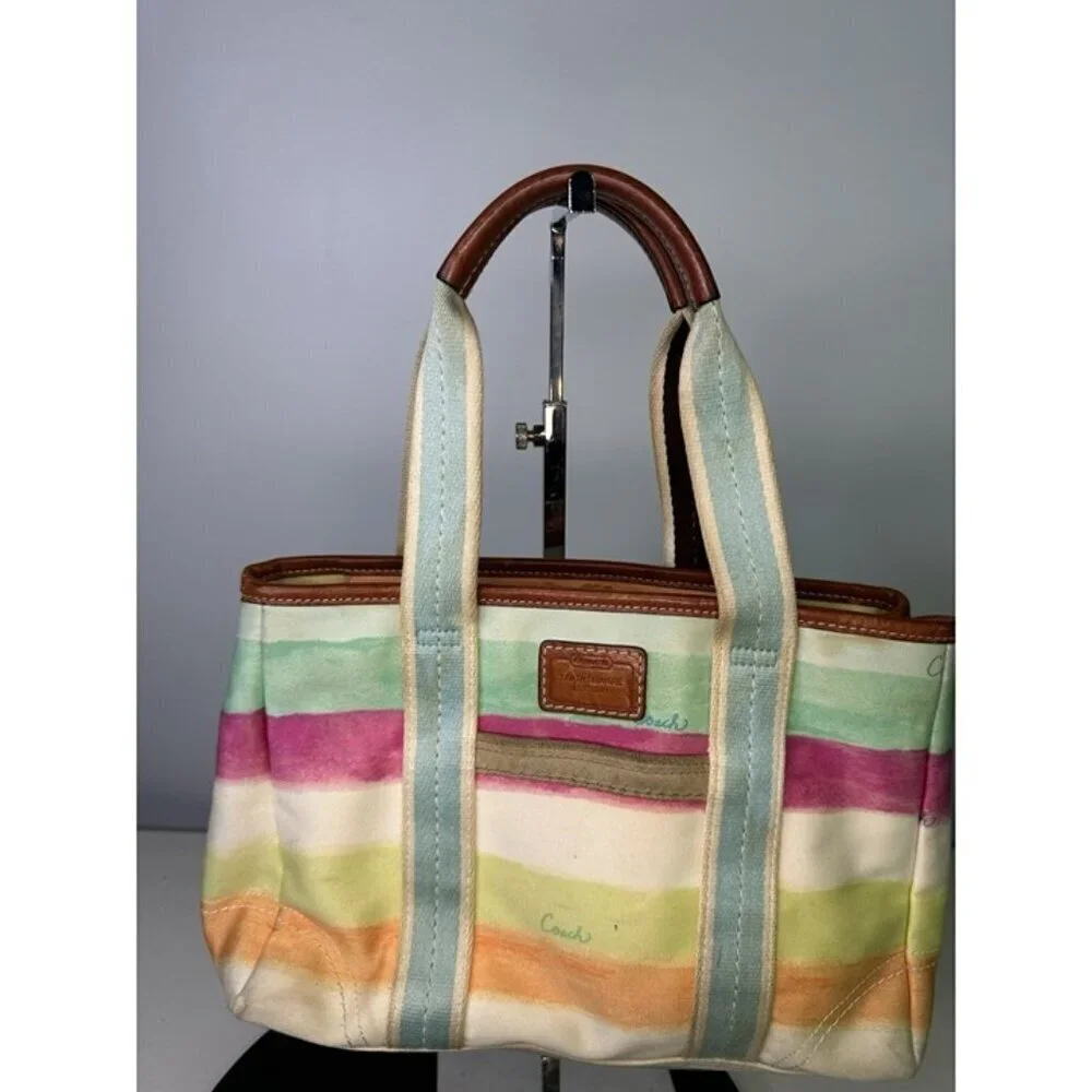 DAMAGE Coach Hampton Watercolor Pastel Stripes Small Tote Handbag A0773-10025